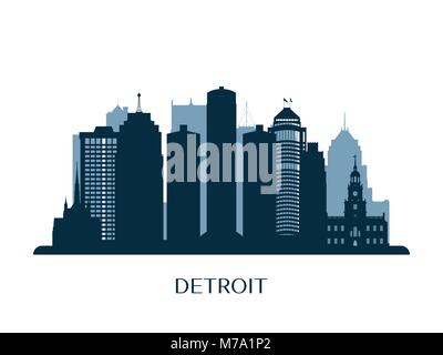 Lo skyline di Detroit, monocromatico silhouette. Illustrazione Vettoriale. Illustrazione Vettoriale