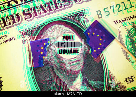 Strappata la bandiera dell'UE su dollar nota e segno doganali, tariffe di protezione Foto Stock