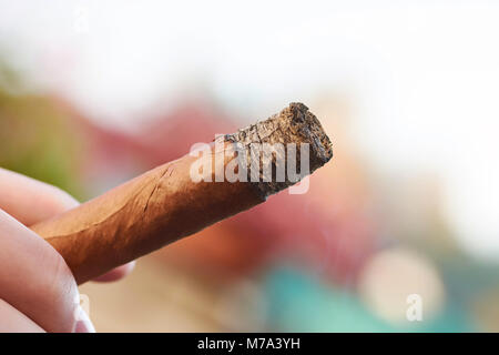 Una mano che tiene un ardente sigaro cubano con uno sfondo sfocato Foto Stock