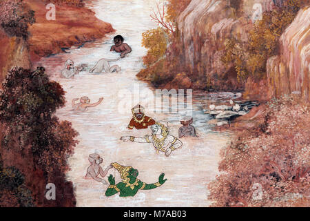 Hanuman bagni in un fiume, scena dal Ramakia, pittura murale in Wat Phra Kiev, Ko Ratanakosin, Bangkok, Thailandia Foto Stock