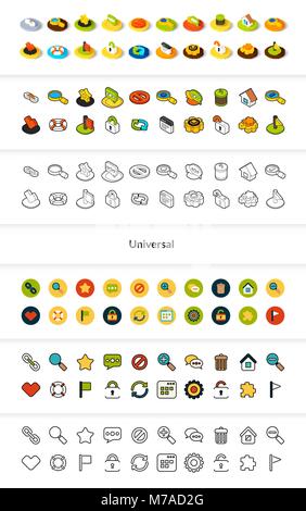 Set di icone in stile differente - isometrica e piatto otline, colorata e versioni nere, i simboli vettoriali - collezione Universale Illustrazione Vettoriale