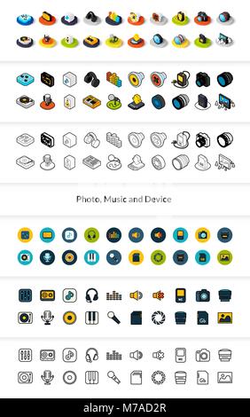Set di icone in stile differente - isometrica e piatto otline, colorata e versioni nere, i simboli vettoriali - Foto di musica e di raccolta del dispositivo Illustrazione Vettoriale
