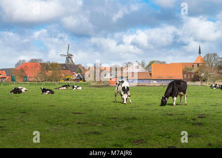 Germania, Bassa Sassonia, Frisia orientale, Krummhörn, Rysum, il tipico est villaggio frisone, visto da sud, Foto Stock