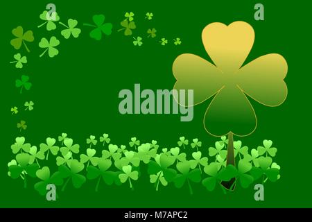 Happy Saint Patricks giorno. Shamrock clover pattern in oro e verde su sfondo verde scuro. Illustrazione Vettoriale. Illustrazione Vettoriale