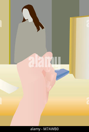 La donna in piedi di fronte a un contatore Foto Stock