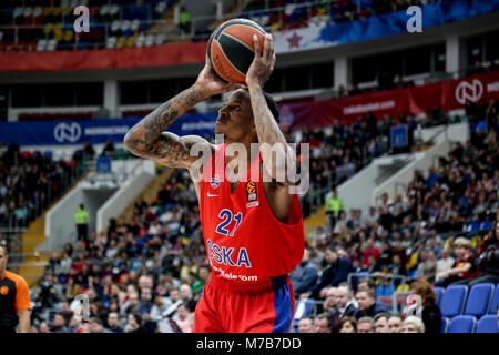 Mosca, Russia. 9 Mar, 2018. Sarà Clyburn, #21 del CSKA Mosca in azione durante la Turkish Airlines EuroLeague Round 25 match tra CSKA Mosca e Unicaja Malaga a Megasport Arena. Credito: Nicholas Muller/SOPA Immagini/ZUMA filo/Alamy Live News Foto Stock