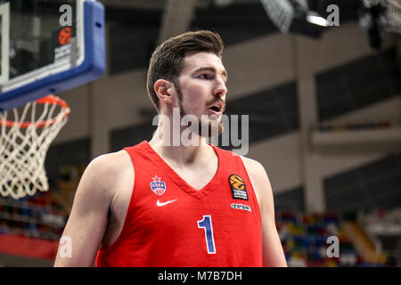 Mosca, Russia. 9 Mar, 2018. Nando De Colo, #1 del CSKA Mosca in azione durante la Turkish Airlines EuroLeague Round 25 match tra CSKA Mosca e Unicaja Malaga a Megasport Arena. Credito: Nicholas Muller/SOPA Immagini/ZUMA filo/Alamy Live News Foto Stock