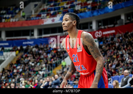 Mosca, Russia. 9 Mar, 2018. Sarà Clyburn, #21 del CSKA Mosca in azione durante la Turkish Airlines EuroLeague Round 25 match tra CSKA Mosca e Unicaja Malaga a Megasport Arena. Credito: Nicholas Muller/SOPA Immagini/ZUMA filo/Alamy Live News Foto Stock