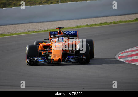 Barcellona, Spagna. 09Mar, 2018. La McLaren di Fernando Alonso durante le prove sul circuito di Barcelona-Catalunya, il 09 marzo 2018, a Barcellona, Spagna. Credito: Gtres Información más Comuniación on line, S.L./Alamy Live News Foto Stock