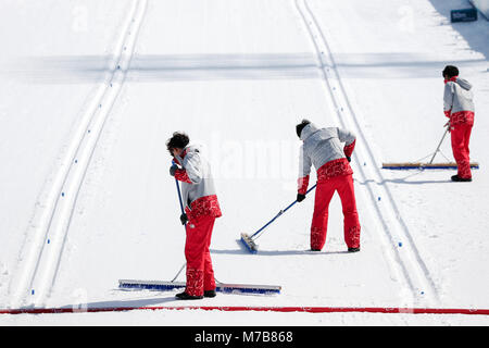 Pyeongchang, Corea del Sud. Decimo Mar, 2018. Il 10 marzo 2018, Corea del Sud, Pyeongchang, Alpensia Centro Biathlon: volontari organizzare la neve in area di finitura. Foto: Jan Woitas/dpa-Zentralbild dpa/credito: dpa picture alliance/Alamy Live News Foto Stock