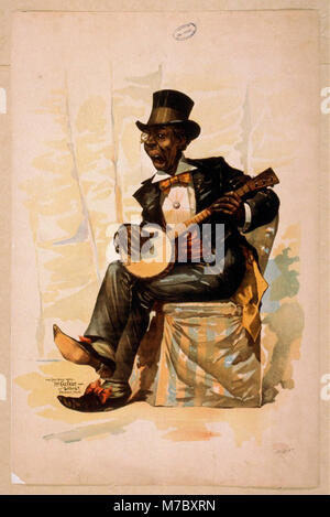 Questa immagine raffigura un uomo afroamericano in un smoking e cappello, seduto e suonando il banjo, catalogato sotto LCCN 2014637035. Foto Stock