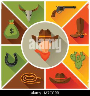 Wild West cowboy oggetti ed elementi di design Illustrazione Vettoriale