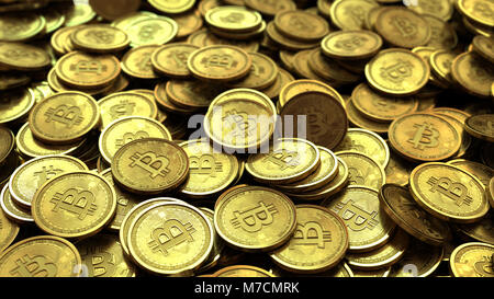 3d illustrazione di bitcoins heap, monete d'oro pila Foto Stock
