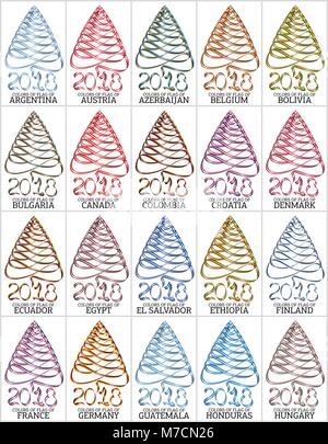 Set di nastri nella forma di un albero di Natale con i colori della bandiera di diversi paesi Illustrazione Vettoriale