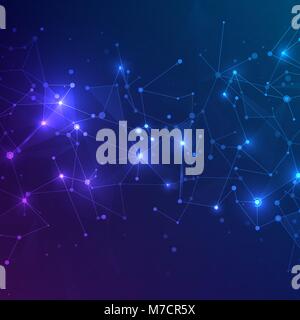 La tecnologia mesh con forme poligonali sul blu scuro e sfondo viola. Progettazione della tecnologia digitale concetto. Web caotica struttura del plesso. Abstract fu Illustrazione Vettoriale