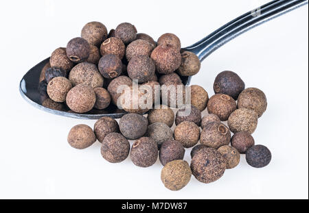 Close-up di tutta allspices su un cucchiaio di metallo. Pimenta dioica. Acciaio inossidabile spoonfull di bacche aromatici parzialmente versato su uno sfondo bianco. Foto Stock