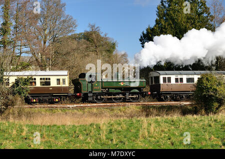 GWR Pannier Tank n. 6412 in avvicinamento a Staverton sulla South Devon Railway con un auto-treno da Totnes, 17th febbraio 2018. Foto Stock