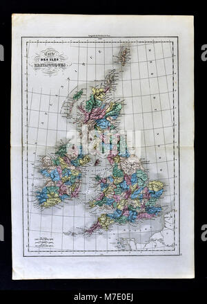 1858 Delamarche mappa storica delle isole britanniche che mostra in Inghilterra, Scozia, Galles e Irlanda Foto Stock