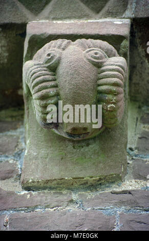 Il carving di ram la testa, Kilpeck chiesa parrocchiale di Santa Maria e San Davide, Herefordshire, Inghilterra Foto Stock