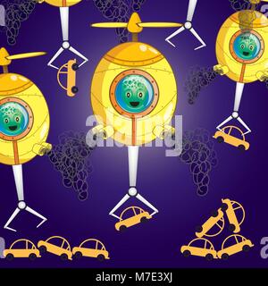 Attacco UFO.it sta per raggiungere la vettura in alto nel cielo. Illustrazione Vettore cartoon. Illustrazione Vettoriale