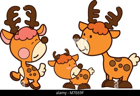 La famiglia Cervi cartoon character design. Graziosi animali illustrazione su bianco isolare. Illustrazione Vettoriale