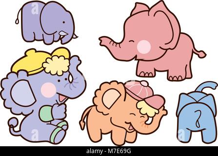 Famiglia elefante cartoon character design. Graziosi animali illustrazione su bianco isolare. Illustrazione Vettoriale