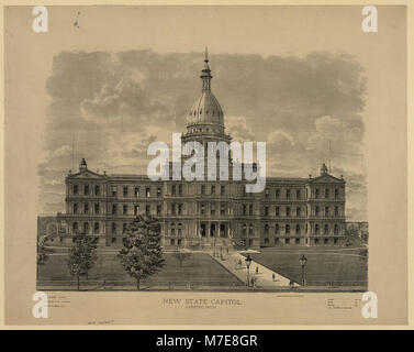 Una fotografia del nuovo campidoglio di stato a Lansing, Michigan. L'immagine cattura la grandezza architettonica dell'edificio, simboleggiando il cuore politico e amministrativo dello stato. Foto Stock