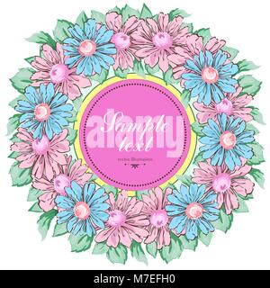 Ghirlanda di fiori di camomilla, vettore sfondo floreale, round flower frame, confine. Prelevate le gemme rosa e blu camomilla fiori e foglie del disegno a mano Illustrazione Vettoriale