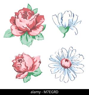 Set di integro e fioritura prelevate le gemme rosa rosa e fiori di camomilla bianco del disegno a mano, illustrazione vettoriale, floral design di ricamo, Stampa elemento di decoro, isolato su sfondo bianco Illustrazione Vettoriale