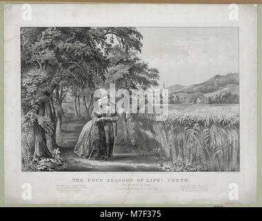 Una rappresentazione artistica intitolata "le quattro stagioni della vita", incentrata sulla giovinezza, spesso simboleggiata dall'amore. Il pezzo è stato creato da J.M. Ives con disegni di F.F. Palmer e J. Cameron, raffiguranti una visione idealizzata della giovinezza e del romanticismo. Foto Stock