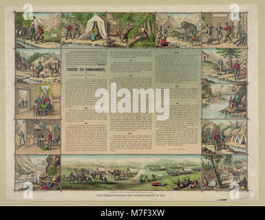 Opera d'arte che raffigura scene del viaggio dei minatori del 1849 attraverso le pianure, mostrando i dieci comandamenti seguiti dai pionieri, prodotta dallo studio d'arte Kurz & Allison di Chicago. Foto Stock