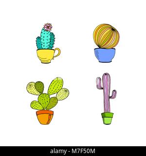 Set di vettore di disegnati a mano cactus nel pot. Cartoon cactus. Illustrazione Vettoriale