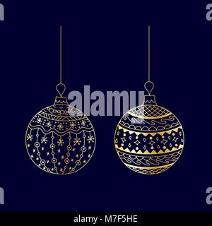 Set di vettore di disegnati a mano golden Natale giocattolo a ricircolo di sfere con filettatura Illustrazione Vettoriale