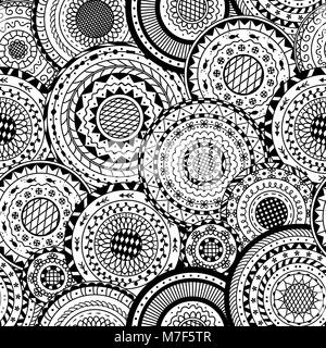 Vector pattern senza giunture dal bianco e nero round mandala. Sfondo decorativo di cerchio mandala. Pagina di colorazione prenota anti stress per adulto. Illustrazione Vettoriale