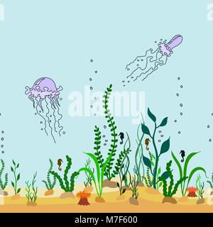 Vector perfetta cornice decorativa di cartoon fondale marino con alghe marine, meduse e bolle Illustrazione Vettoriale