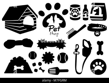 Set di pet shop icone nere. Accessori per gatti. Appartamento illustrazione vettoriale. Alimentazione, giocattoli, vaso, il collare. Prodotti per il pet shop. Illustrazione Vettoriale Illustrazione Vettoriale