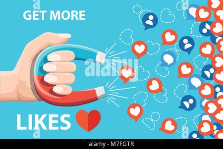 Ottieni di più gli piace. Tenere in mano il magnete a ferro di cavallo tirando o ottenere molti ama. Concetto di SEO. Illustrazione di vettore isolato su sfondo blu. Pagina del sito Web e Illustrazione Vettoriale