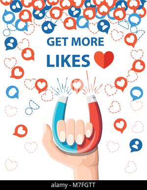 Ottieni di più gli piace. Tenere in mano il magnete a ferro di cavallo tirando o ottenere molti ama. Concetto di SEO. Illustrazione di vettore isolato su sfondo bianco. Pagina del sito Web e Illustrazione Vettoriale