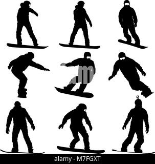 Impostare silhouette nera snowboarder su sfondo bianco Illustrazione Vettoriale