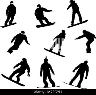 Impostare silhouette nera snowboarder su sfondo bianco Illustrazione Vettoriale