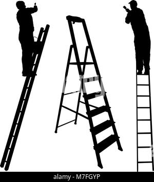 Silhouette lavoratore salire la scala su sfondo bianco Illustrazione Vettoriale