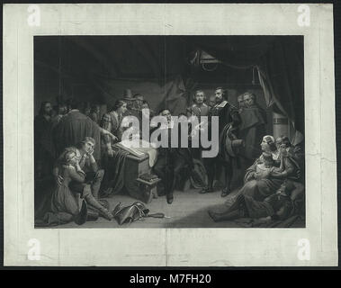 Un dipinto storico raffigurante i pellegrini che firmano il Mayflower Compact l'11 novembre 1620, simboleggiando il loro impegno per l'autogoverno e la comunità. Foto Stock