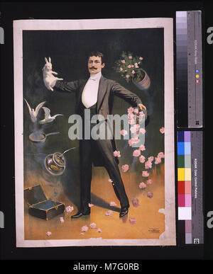 Il mago Zan Zig esegue un atto magico che coinvolge un coniglio e delle rose, con una tripletta e una levitazione. La sua performance mette in mostra illusioni classiche nell'arte della magia scenica. Foto Stock