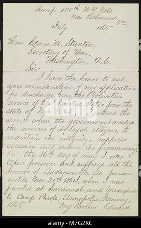 Lettera da Cornelio V. Moore al segretario della guerra Edwin M. Stanton chiedendo per la scarica LCCN2012648286 Foto Stock