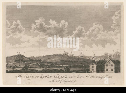 Questa immagine mostra l'assedio di Rhode Island, catturato dalla casa del signor Brindley il 25 agosto 1778. Rappresenta un momento cruciale della guerra di indipendenza americana, che mostra l'impegno militare tra le forze britanniche e le truppe americane. Foto Stock