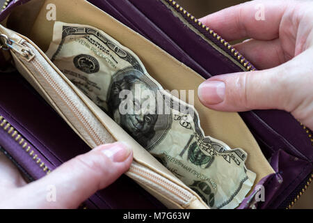 Mani tenendo un portamonete in cui giacciono un centinaio di dollari Foto Stock