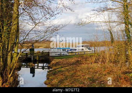 Una vista delle barche legato in Ormeggi privati a Malthouse ampio su Norfolk Broads a Ranworth, Norfolk, Inghilterra, Regno Unito, Europa. Foto Stock