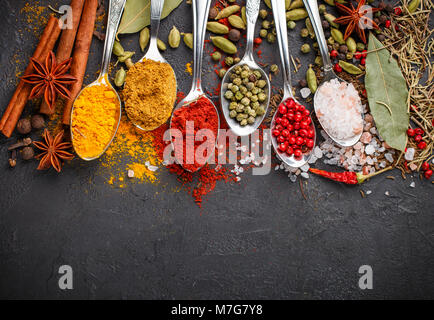 Varietà di spezie naturali, spezie e erbe aromatiche in cucchiai sul tavolo di pietra - la paprica, curry, coriandolo, cardamomo, curcuma, rosmarino, sale e pepe, Foto Stock