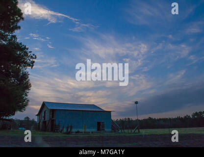 La vita di campagna su un bel North Carolina mattina - Il sole sorge alla grande la giornata, galli crow e il cielo è riempito con il colore. Foto Stock