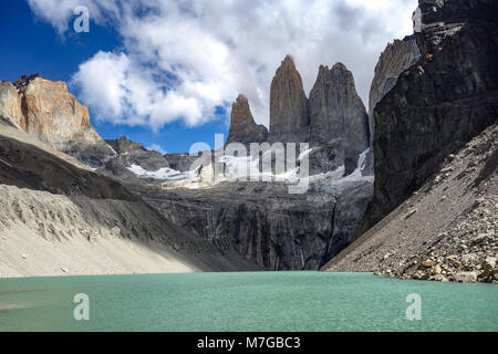 La base delle torri (Base Las Torres), il Parco Nazionale di Torres del Paine Patagonia Cilena Foto Stock